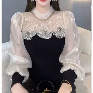 long sleeve lace floral sequin embroidered blouse rib knit contrast top shirt